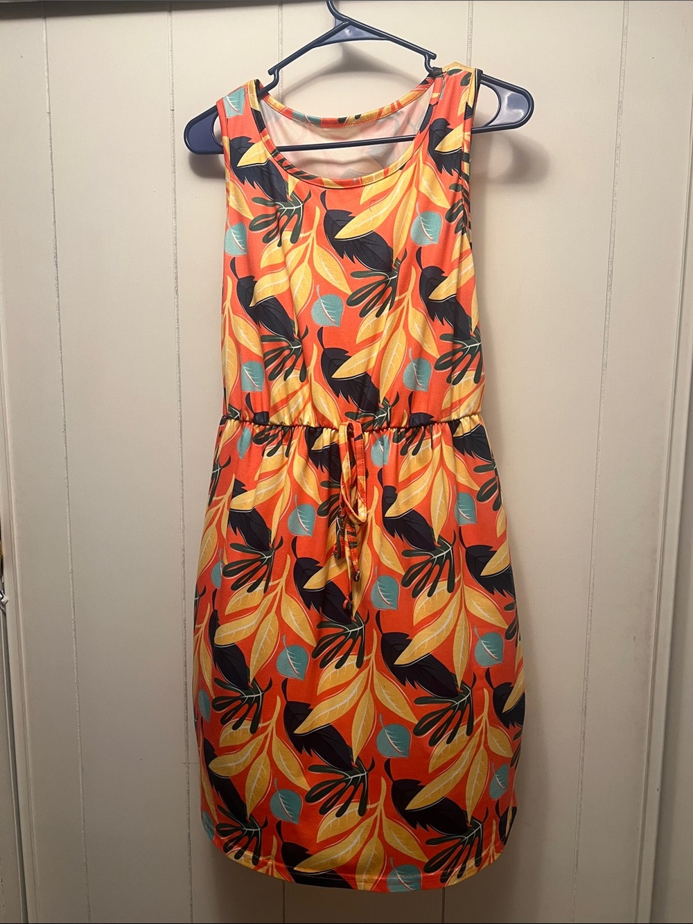 Sleeveless Tropical Print Drawstring Waist Dress - Orange large